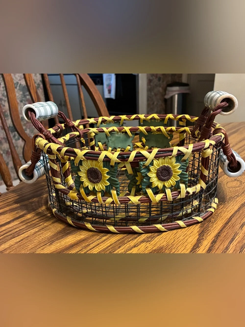 2 Sunflower Woven Decorative Baskets - Yellow & Brown